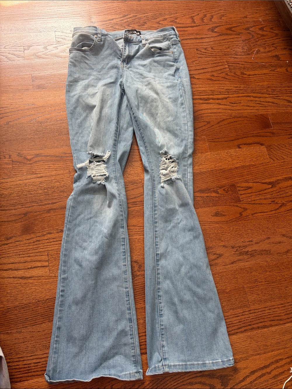 Fashion Nova Women’s Light Blue Distressed Flare Jeans